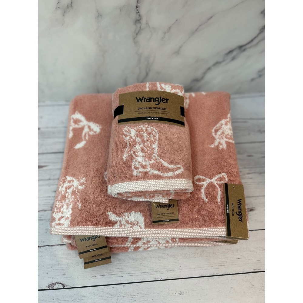 Wrangler 4PC Towel Set Terracotta Pink Cowboy Boots Hats Bows